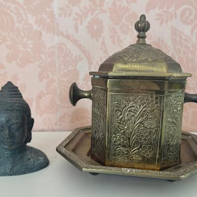 Antique Moroccan Brass Tea Caddy And Buddha Head Statue 