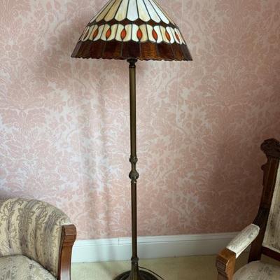 Vintage Floor Lamp With Stained Glass Shade, Made In USA