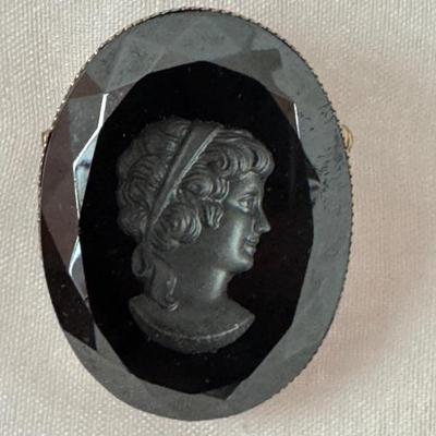 Black Faceted Glass Intaglio Cameo Brooch
