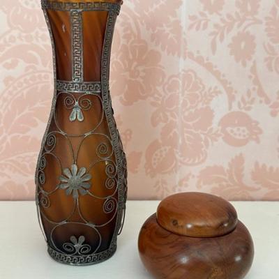 Amber Glass Vase With Silver Filigree And A Nice Burlwood Box 