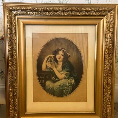 Antique Framed Print Of Girl With Doves