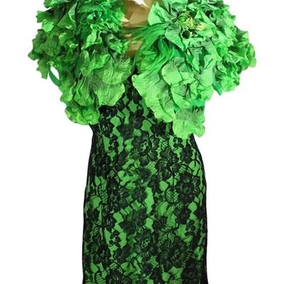 Green and Black Lace Slip Dress with 3D Flower Cape – No Size Tag
