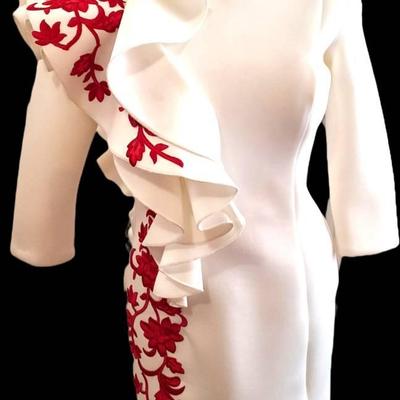 Jovani White Cocktail Dress with Red Floral Embroidery & Ruffle Shoulder – Size 6