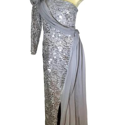 One-Shoulder Gray Sequin Evening Gown with Draped Overlay – Size Approx M
