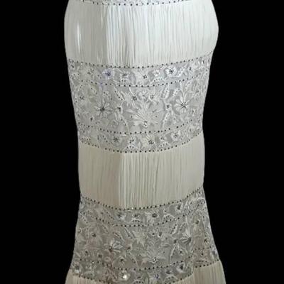 Elegant Ivory Beaded and Pleated Maxi Dress – Floral Embroidery, Sequins, Size Approx M