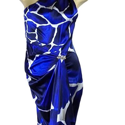 Roberto Cavalli One Shoulder Blue Print Dress with Rhinestone Brooch - Size Not Marked
