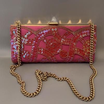 Christian Louboutin Evening Clutch – Pink & Red Sequined with Gold Chain