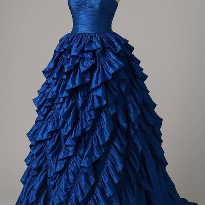 Oscar de la Renta Strapless Royal Blue Ruched Ruffle Ball Gown - Size 8 (May Be Altered)