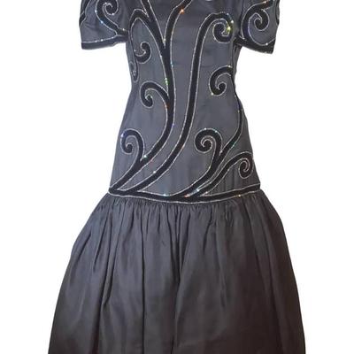 Murray Arbeid London Black Beaded Evening Dress – Short Sleeve – Made in England – Size Small