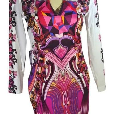Just Cavalli Graphic Print Bodycon Dress – Bold Floral & Geometric – Approx Size M
