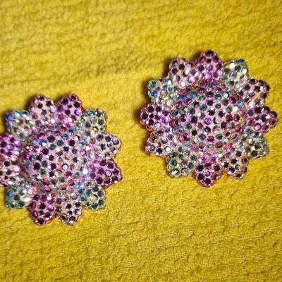 Vintage Richard Kerr Pastel Rhinestone Flower Clip-On Earrings