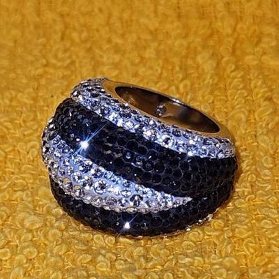 Swarovski Pave Dome Ring – Bold Black & Clear Crystal Stripes – Statement Cocktail Ring – Size 7