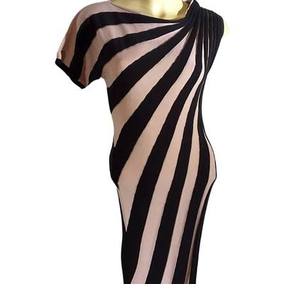 AirField Black and Beige Striped Knit Dress – Short Sleeve – Size Not Marked
