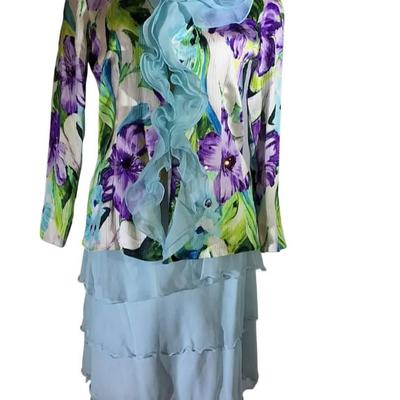 Two-Piece Light Blue Ruffle Skirt and Floral Sheer Blouse Set