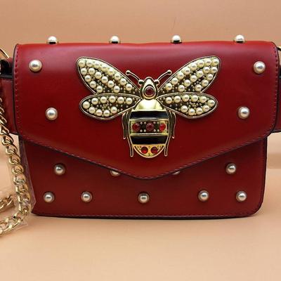 Red Pearl Studded Bee Bag with Gold Chain & Bonus Strap