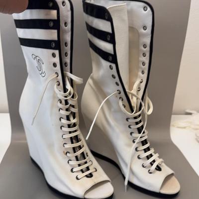 CHANEL White & Black Peep-Toe Logo Canvas Platform Sneakers/ Shoe Boots Size 39.5