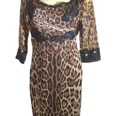 Dolce & Gabbana Leopard Print Silk Dress with Lace Trim Size 44 IT