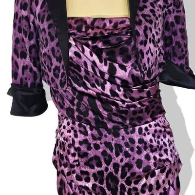 Dolce & Gabbana Purple Leopard Print Ruched Silk Dress with Jacket (Size IT 46)