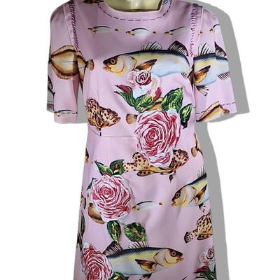 Unfinished Designer Dress – Pink Fish & Rose Print with Embroidered Accents, Size S/M Approx.
