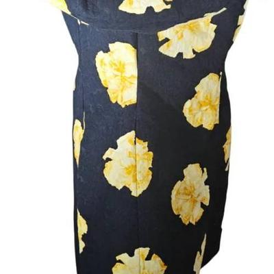 Vintage-Inspired Black Cocktail Dress with Yellow Floral Pattern & Dramatic Collar – Custom Made
