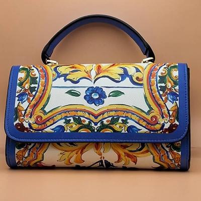 Mediterranean Inspired Tile Print Handbag with Blue Trim