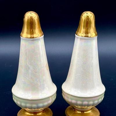 Vintage Iridescent Porcelain Salt & Pepper Shakers with Gold Accents