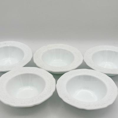 (5) Indiana Glass “Orange Blossom” Milk Glass Flat Rimmed Bowls