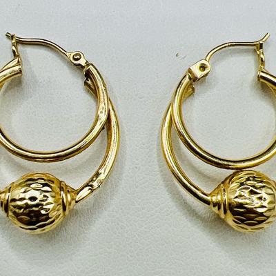 14KT Gold Hoop Earrings with Hammered Gold Ball Detail
