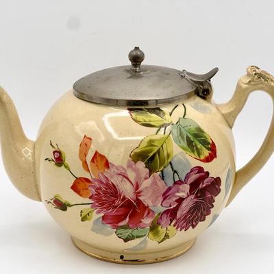 Antique Floral Ceramic Teapot with Pewter Lid