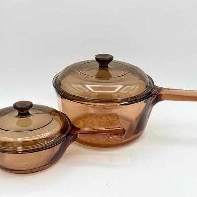 (2) Vintage Visions Amber Glass Sauce Pans with Lids – Corning Ware