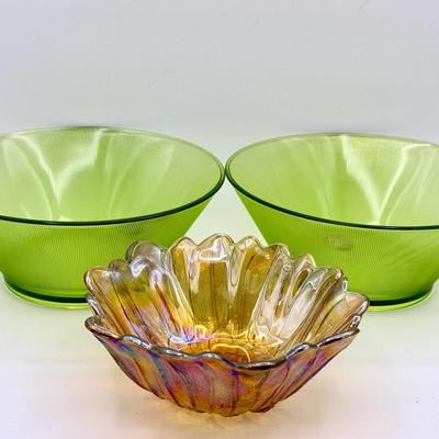 (2) MCM Green Ribbed Bowls & Indiana Glass Amber Sunflower Bowl