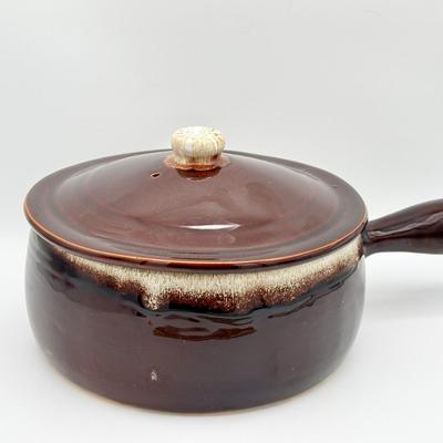 U.S.A. Stoneware BROWN DRIP Large Casserole Dish BEAN POT WITH HANDLE AND LID