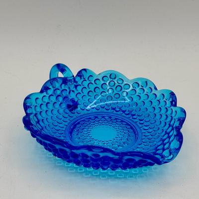 Vintage Blue Glass Hobnail Dish with Handle