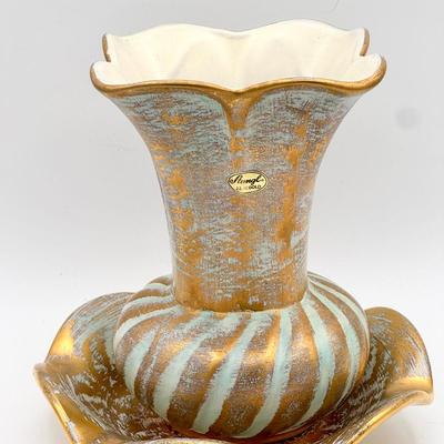 Vintage Stangl 7.5" Vase Hand Painted 22 KT Gold Aqua Blue 3218 With Sticker & Dish