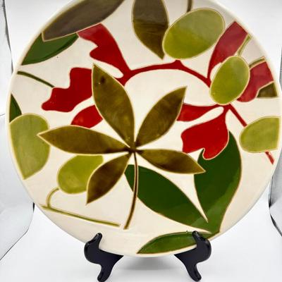 Pier1 Imports Large 18" Platter Off White Brick Red Green Olive Passionflower