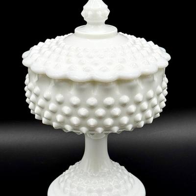 Fenton Milk Glass Hobnail Covered Candy Dish