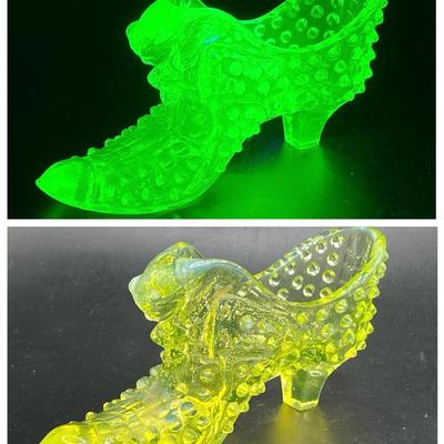 Uranium Glass Fenton Hobnail High Heel Shoe — 395nm & 365nm Glow