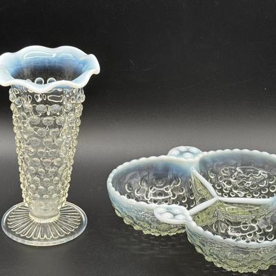Anchor Hocking Opalescent Hobnail Vase & Divided Dish Set