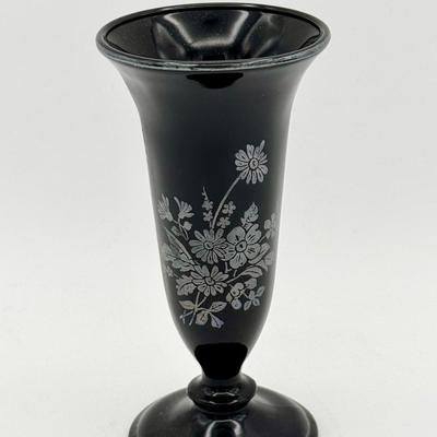 Black Amethyst Glass Vase with Silver Floral Overlay