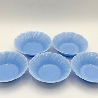 (5) Jeannette Delphite Blue Swirl Depression Glass Berry bowls