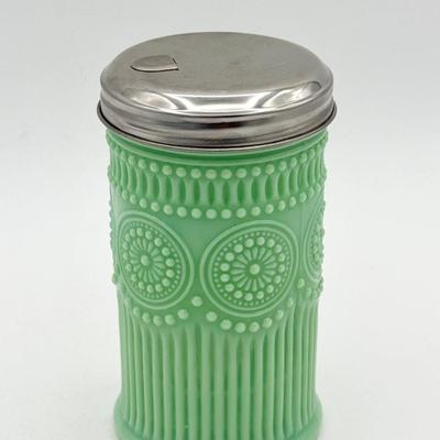 TableCraft Jadeite glass sugar shaker with a stainless steel lid