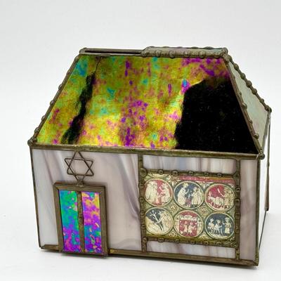 Leona Fein Signed Potichomania Glass Synagogue Bank Book of Genesis