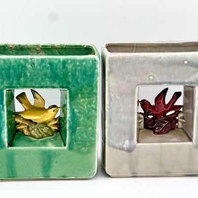 (2) McCoy Bird Vases – Green & Gray Glaze Variants