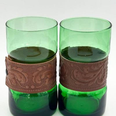 (2) Mid Century Emerald Green & Banded Tooled Leather Glasses