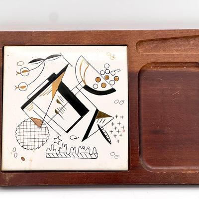 Mid-Century Modern Wood & Ceramic Tile Snack Tray