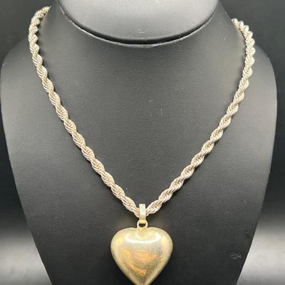 30” Sterling Silver Twisted Rope Necklace with Heart Pendant 