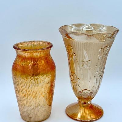 (2) Marigold Carnival Glass Vases Feat. Jeannette Iris and Herringbone Foote