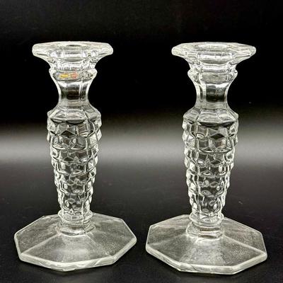 (2) UV Reactive-Fostoria American glass candlestick holder With octagonal base