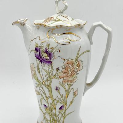 Antique Reinhold Schlegelmilch (R.S.) Prussia Porcelain Chocolate Pot – Floral with Gilded Accents