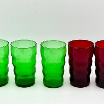 (5) Vintage Anchor Hocking “Lido” Drinking Glasses in Green & Ruby Red